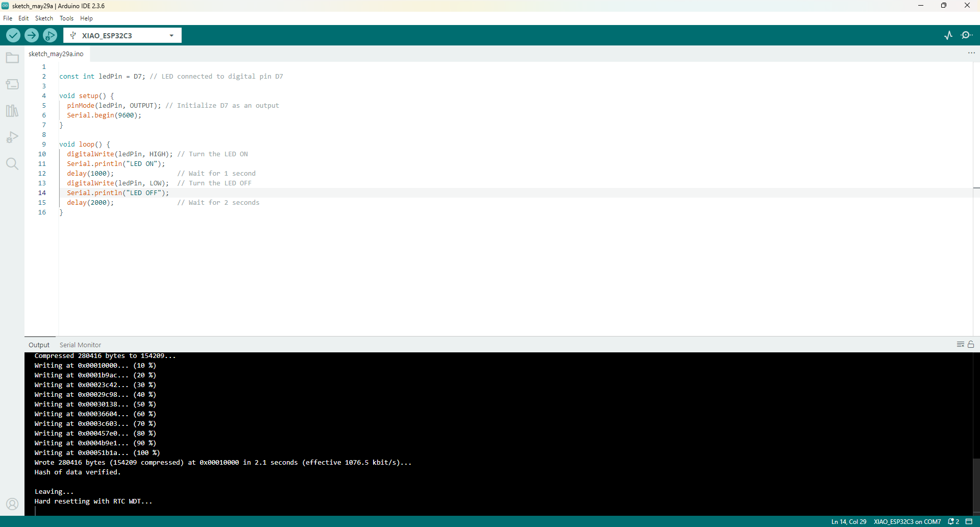 Arduino IDE with Blink code for XIAO