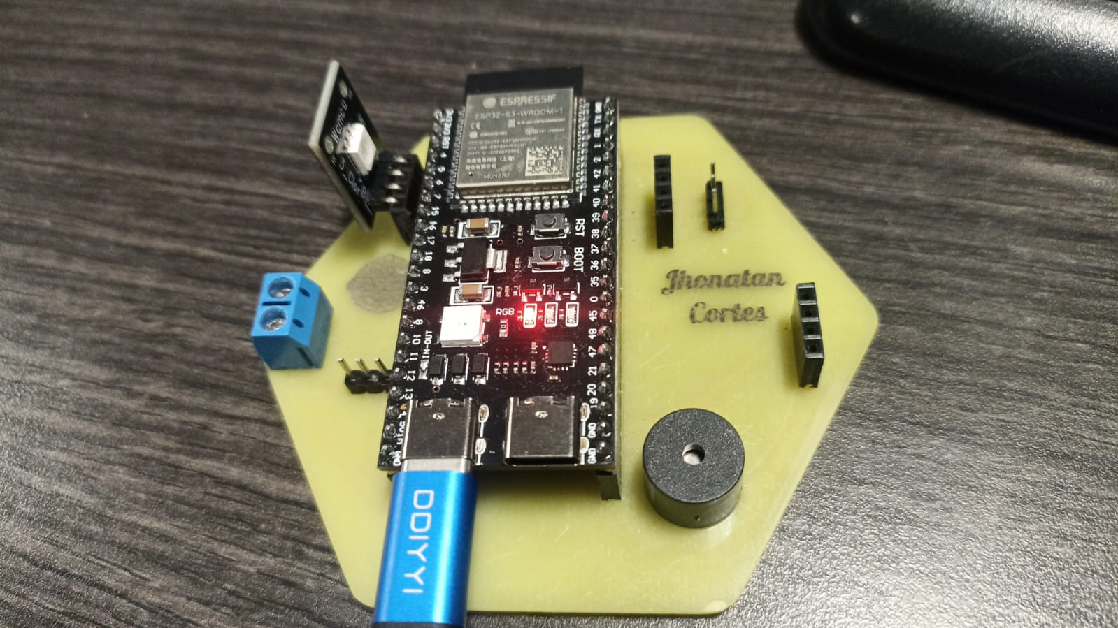 Photo of RGB LED connected to ESP32-S3 on protoboard