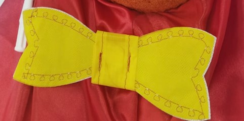 Final bow mounted on red fabric
