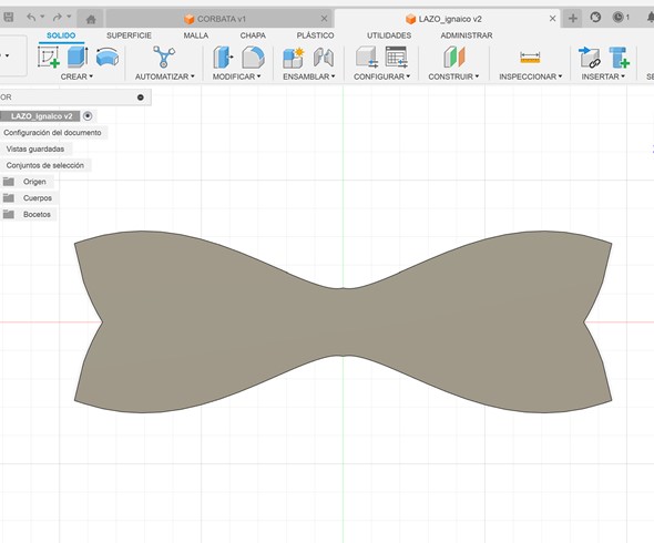 2D bowtie design in Fusion 360 with symmetrical shape for laser cut