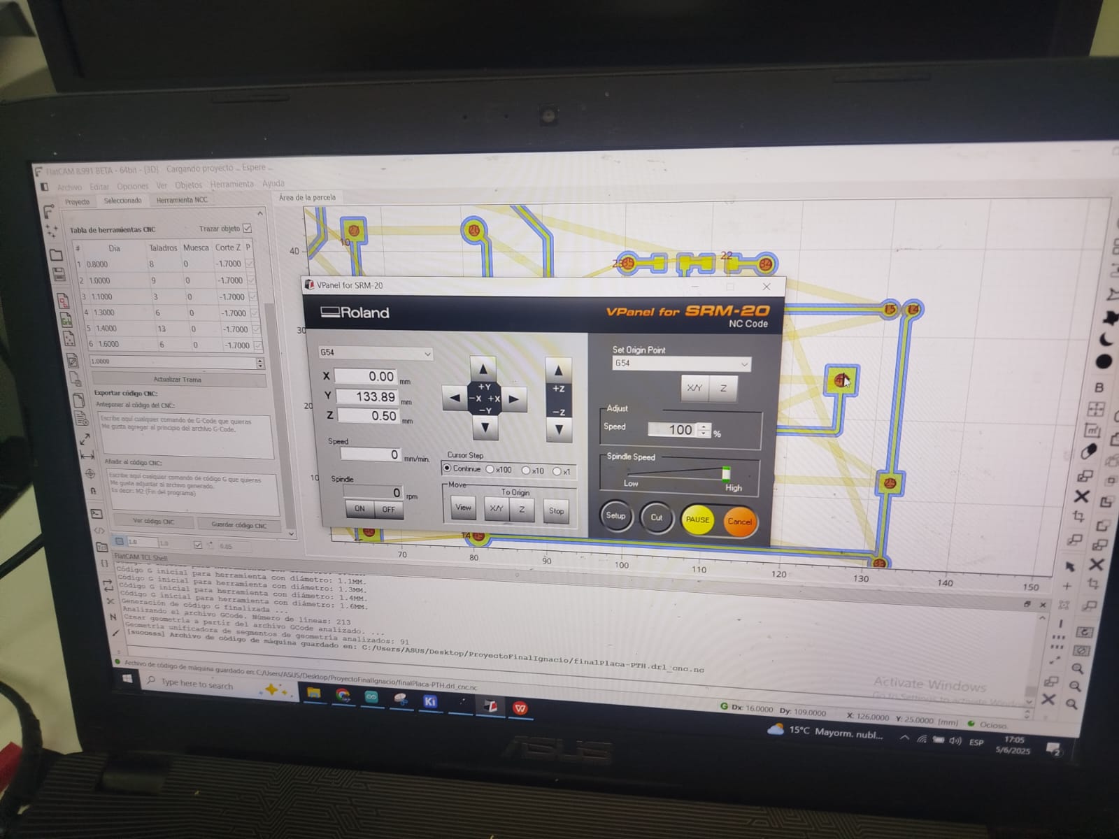 FlatCAM and VPanel interface during the preparation of CNC toolpaths