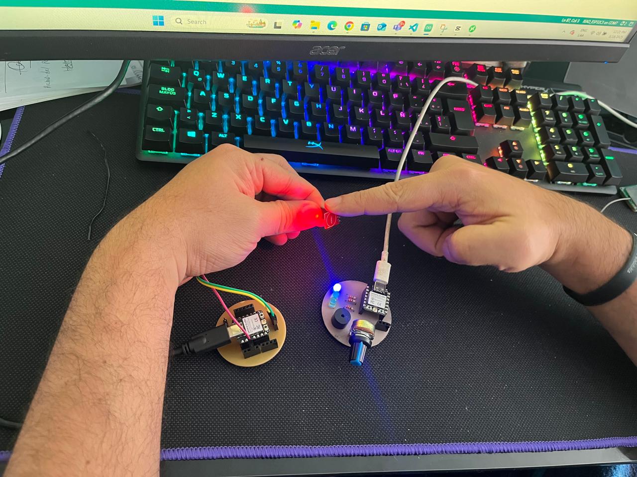 Photo of the two XIAO ESP32 C3 boards with touch sensor and LEDs