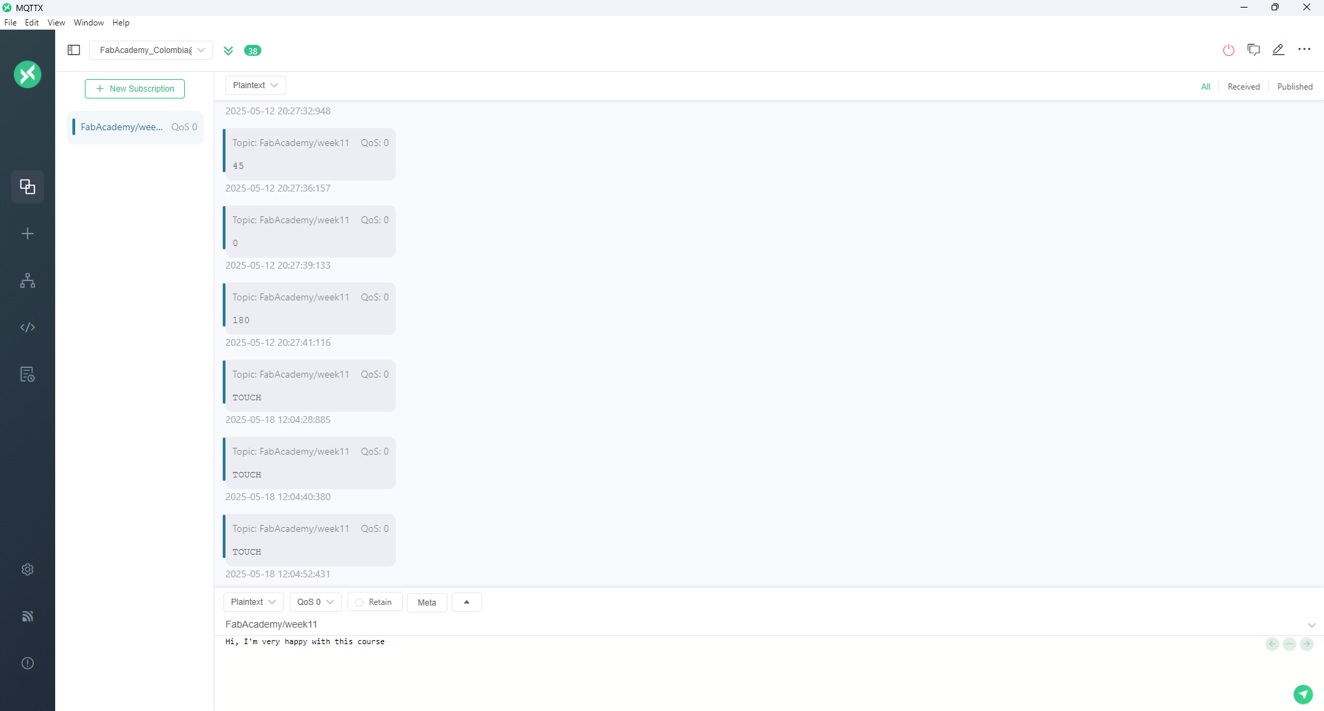 Screenshot of MQTT broker receiving TOUCH messages
