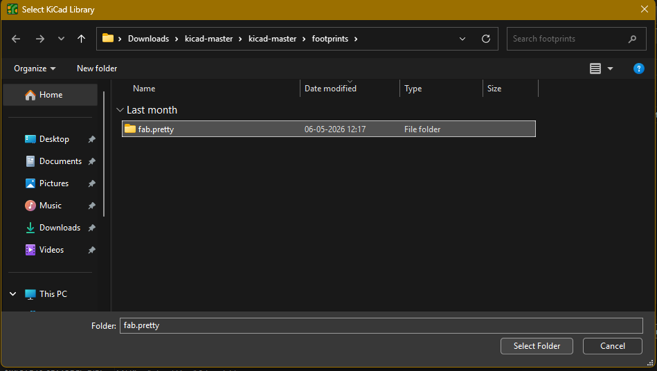 Selecting Fab Footprint Folder
