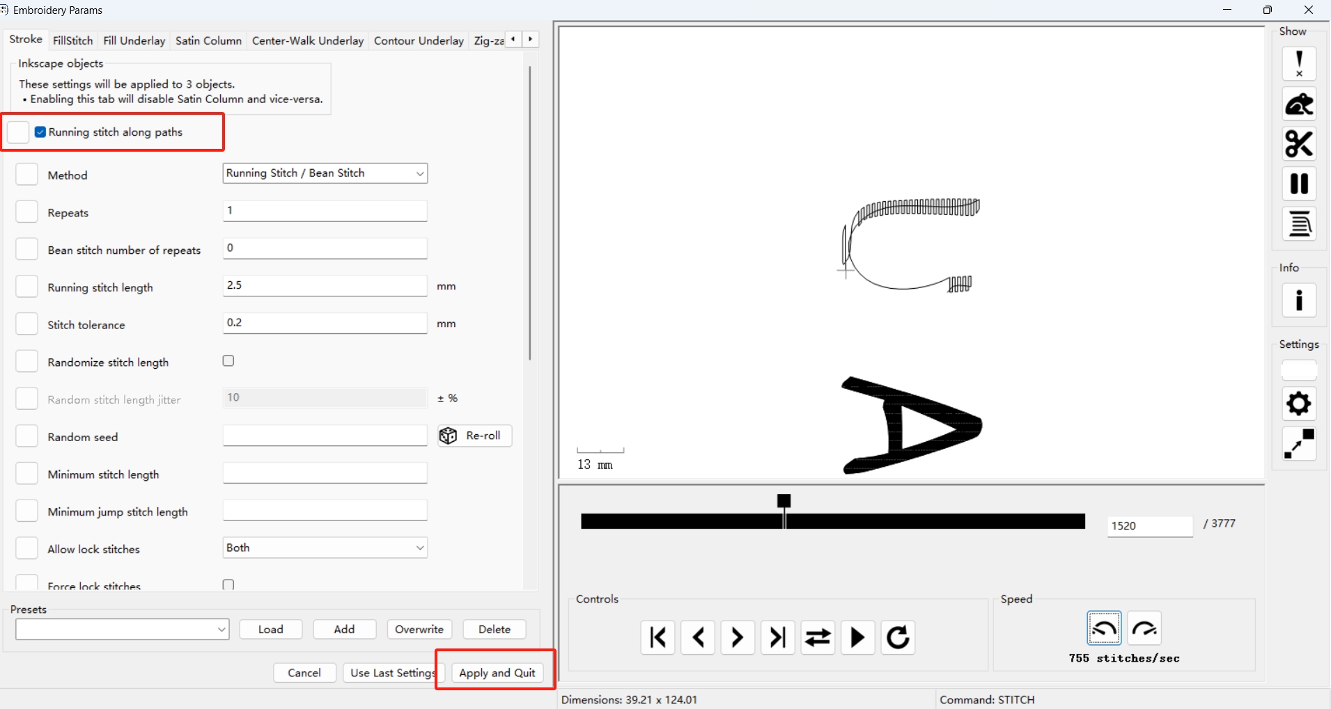 Set sewing parameters