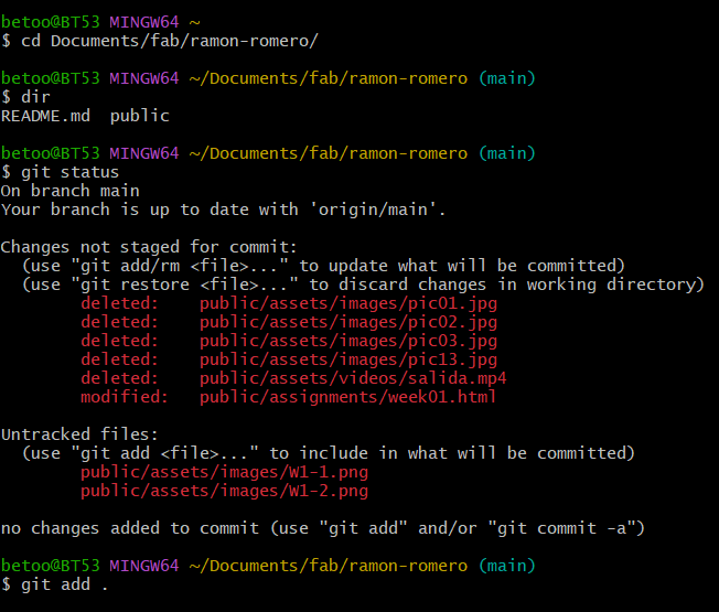 Git tree showing files in red