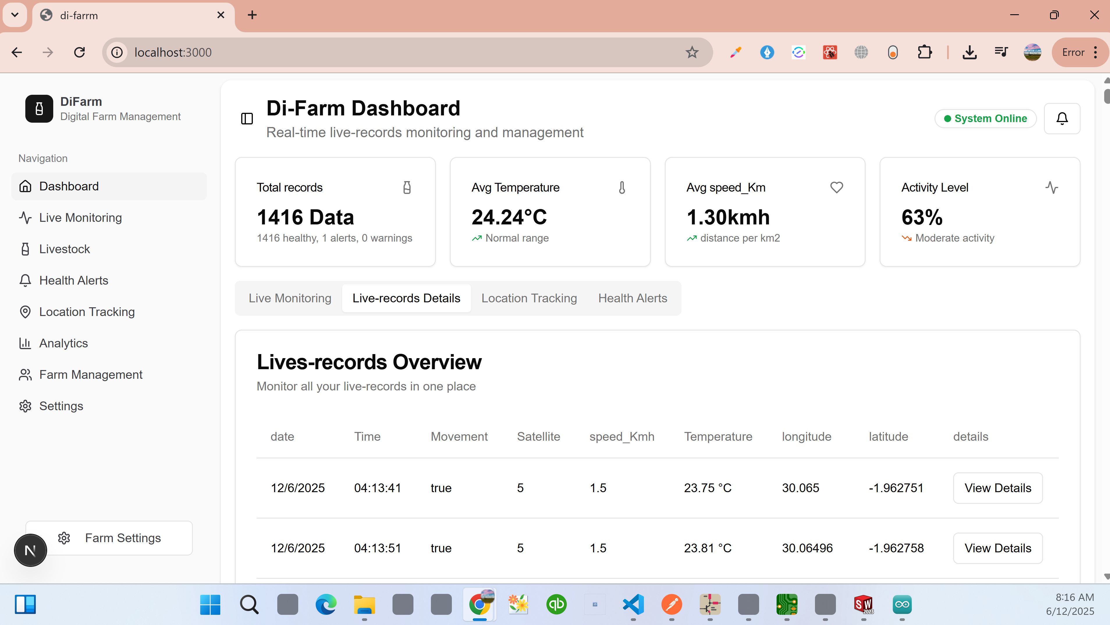 Live data on dashboard