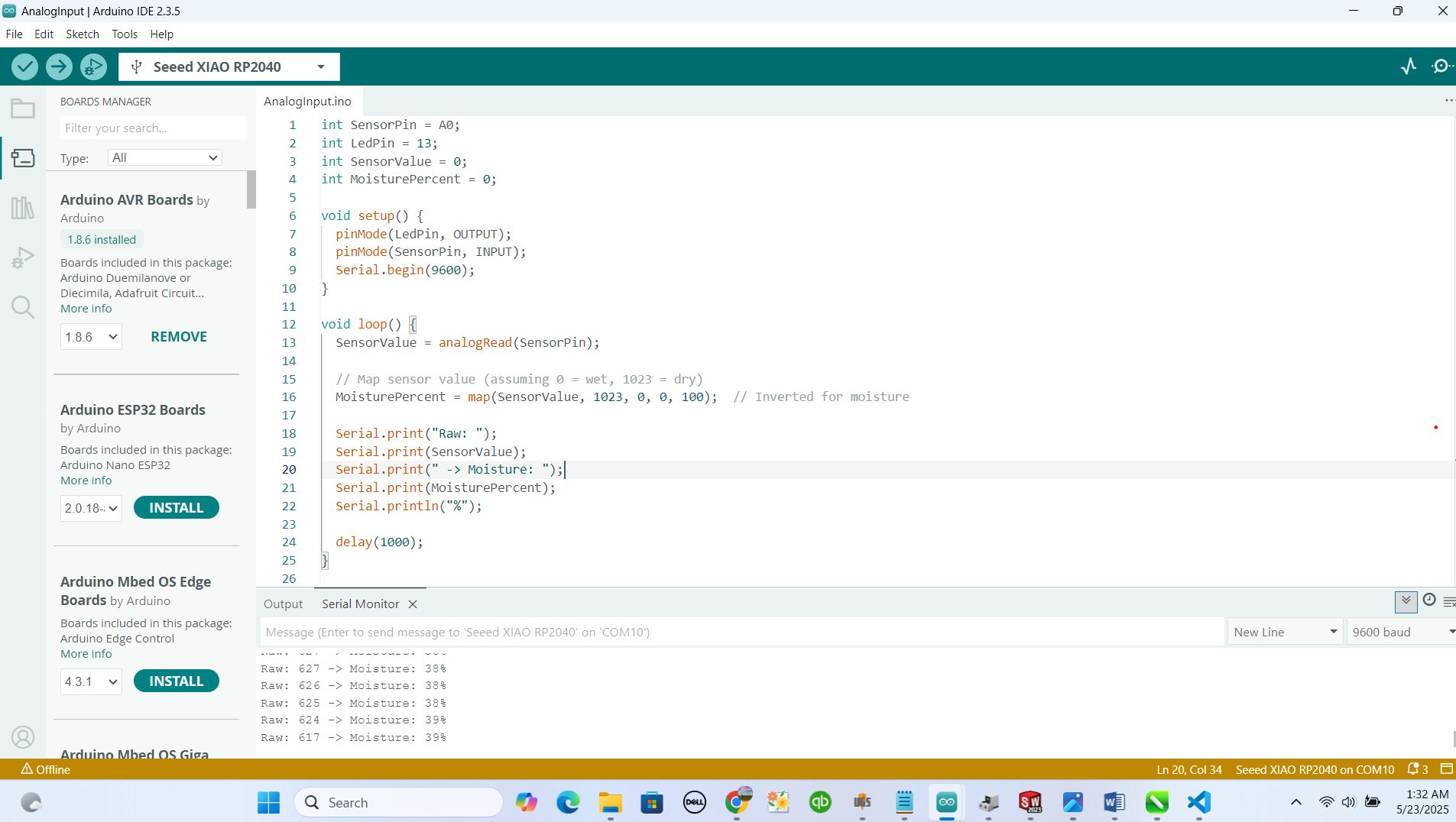 Arduino serial monitor showing moisture levels