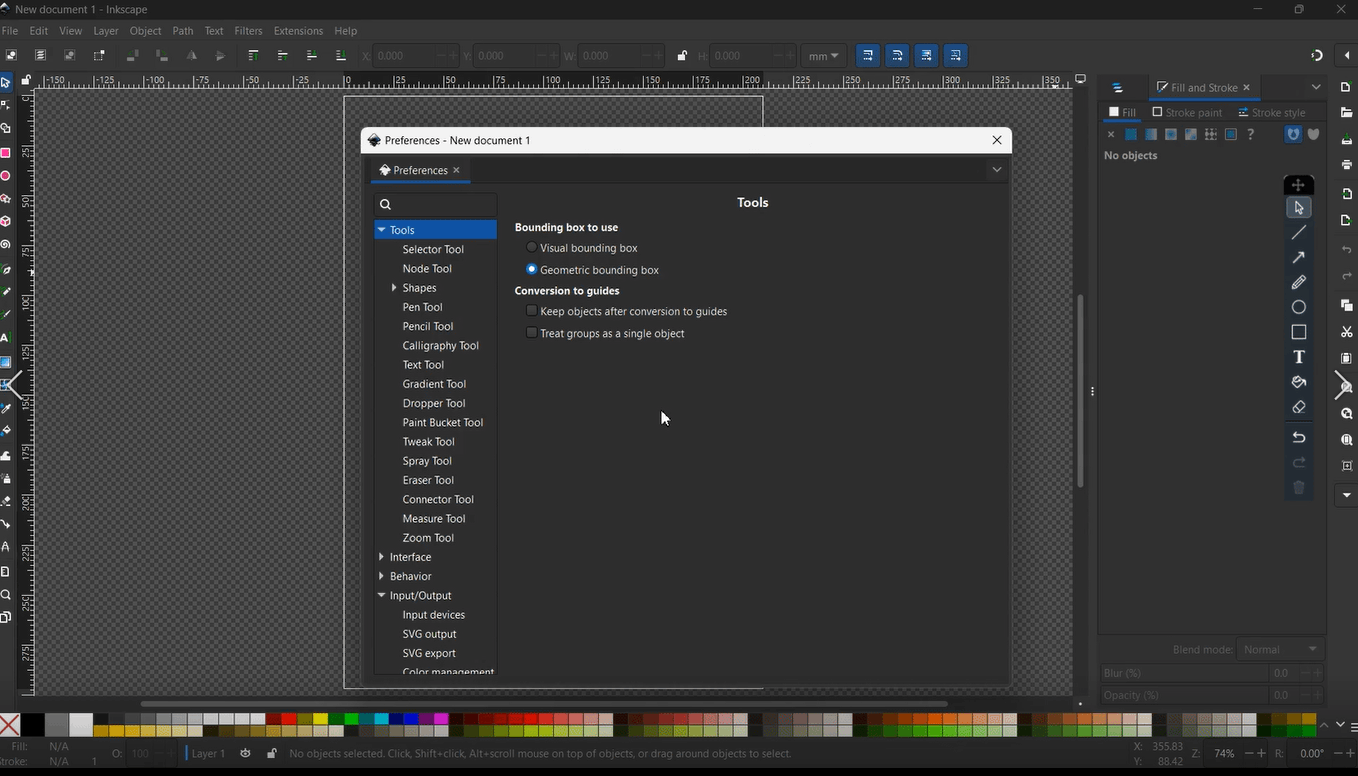 Inkscape workspace showing new document setup