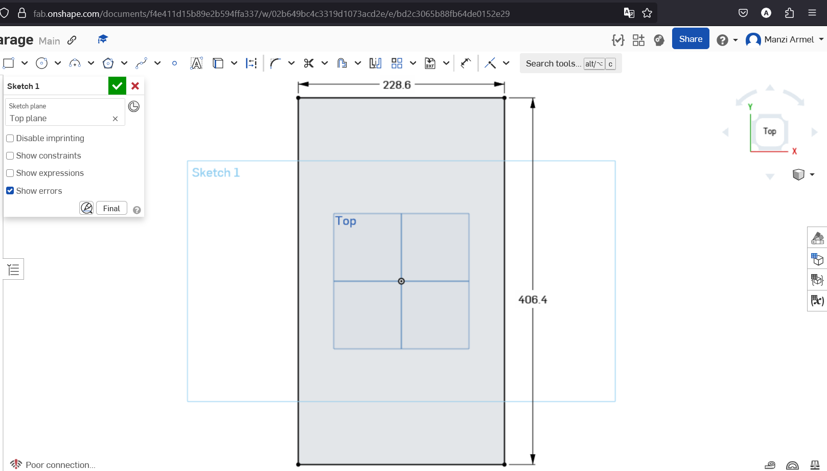 Initial sketching in Onshape