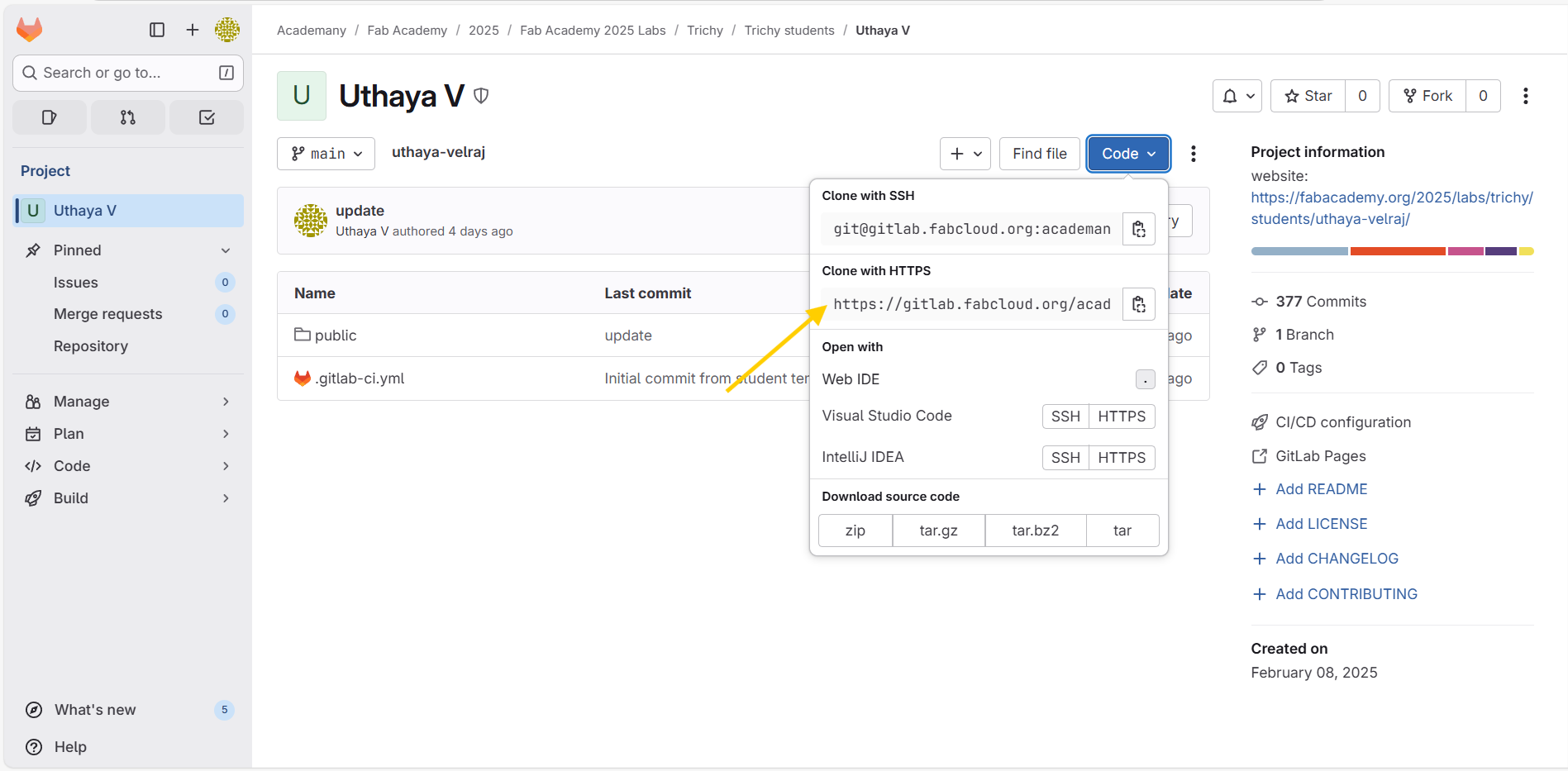 GitLab repository page showing clone link