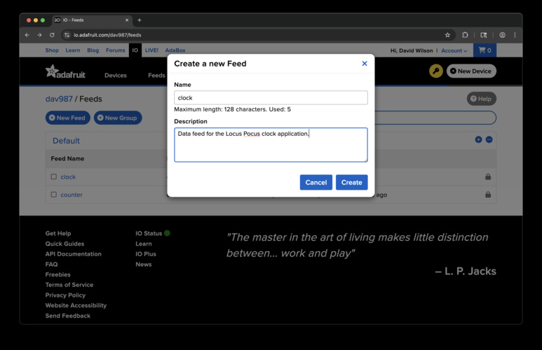 Adafruit IO Create New Feed