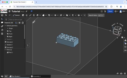 Toy block tutorial steps using Onshape