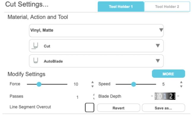 Silhouette Cameo Cut Settings