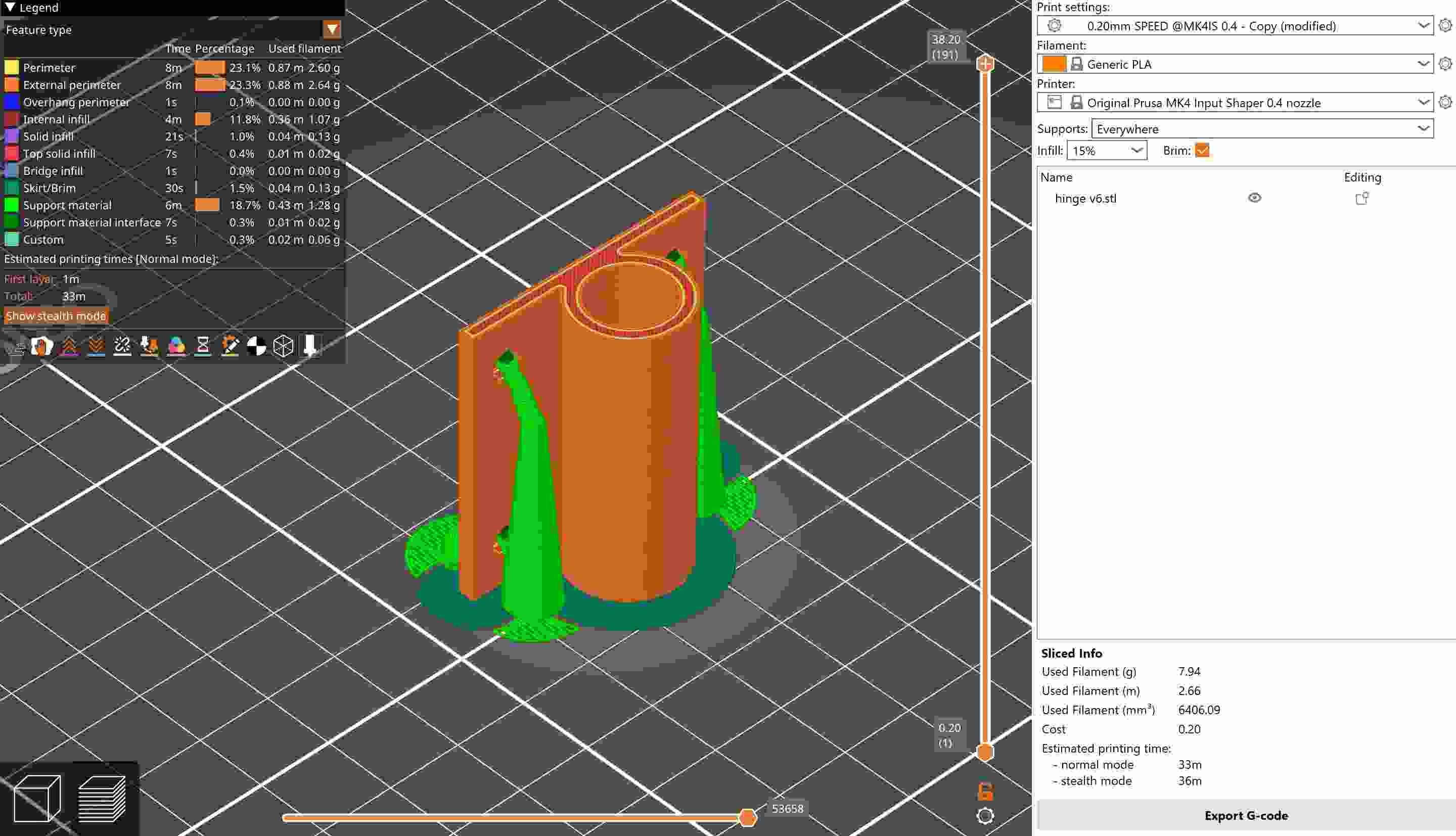 Screen showing supports for printing hinged in Prusa Slicer