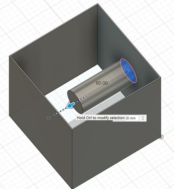 Screenshot of Autodesk Fusion. Extruding cylinder inside of orginial box