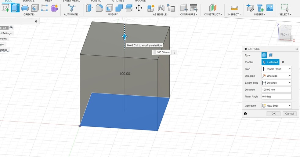 Screenshot of Autodesk Fusion. Using extrude function in Autodesk Fusion