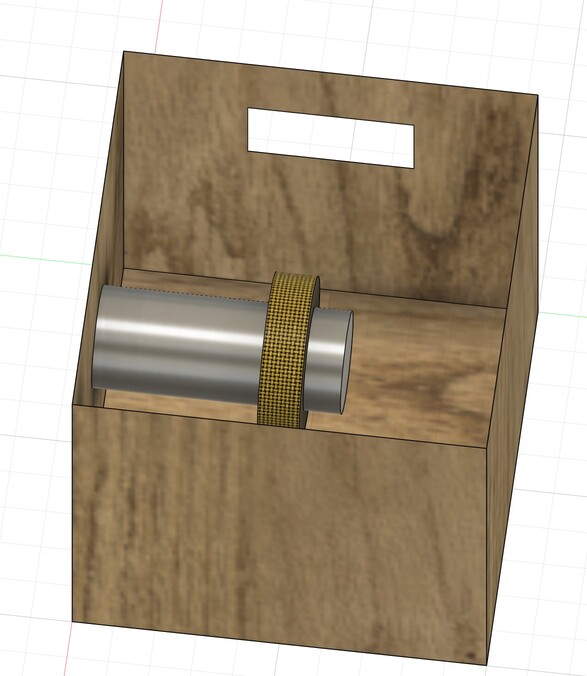 Screenshot of Autodesk Fusion. Completed box with view of rope dispenser inside