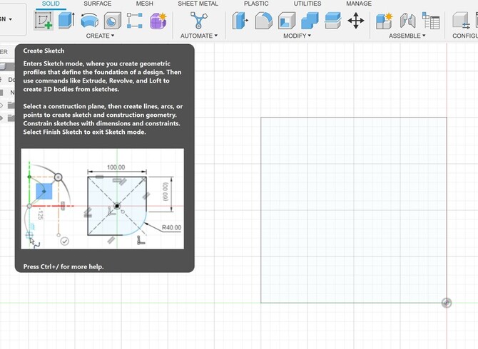 Screenshot of Autodesk Fusion. Using sketch function in Autodesk Fusion