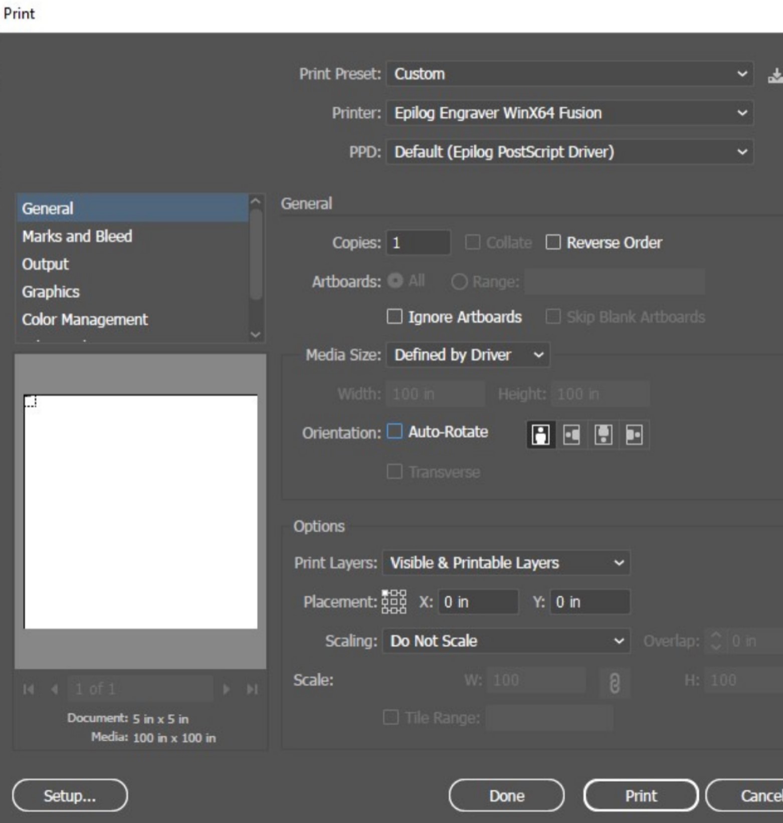 Screenshot of print settings in Adobe Illustrator