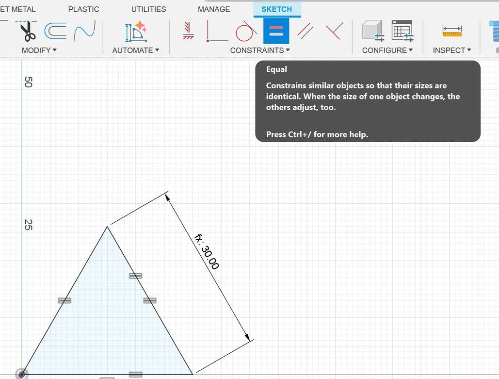 Screenshot of Autodesk Fusion: Showing where equal tool is