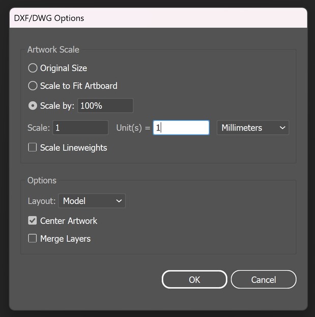 Screenshot of Adobe Illustrator: settings to import dxf file.