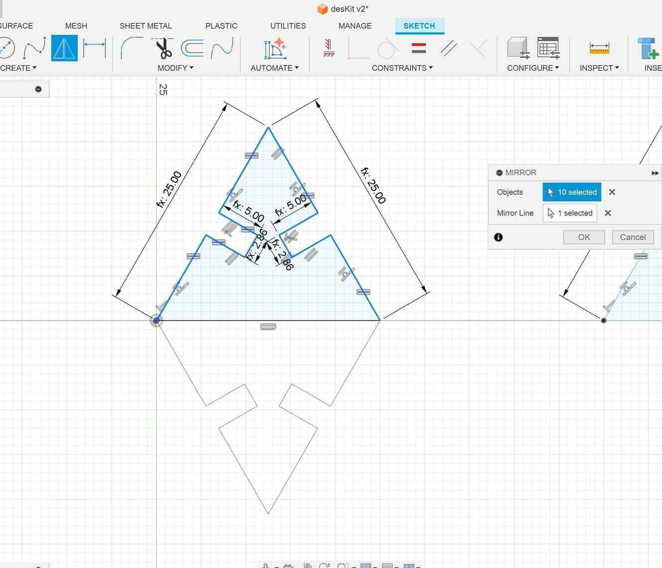 Screenshot of Autodesk Fusion: Showing where mirror tool is