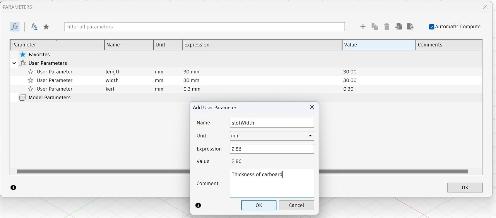 Screenshot of Autodesk Fusion where parameters table