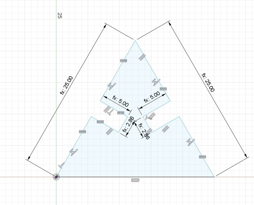 Screenshot of Autodesk Fusion: A triangle with 2 slots on both sides.