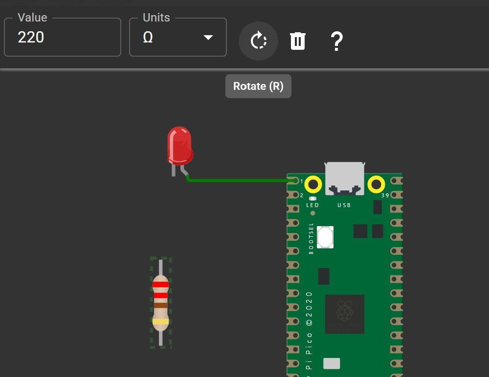 Wokwi Screenshot: Showing menu options for a selected resistor