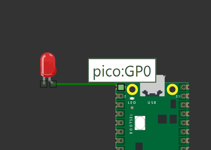 Wokwi Screenshot: Mouse hovering over pin 0 to connect wire to