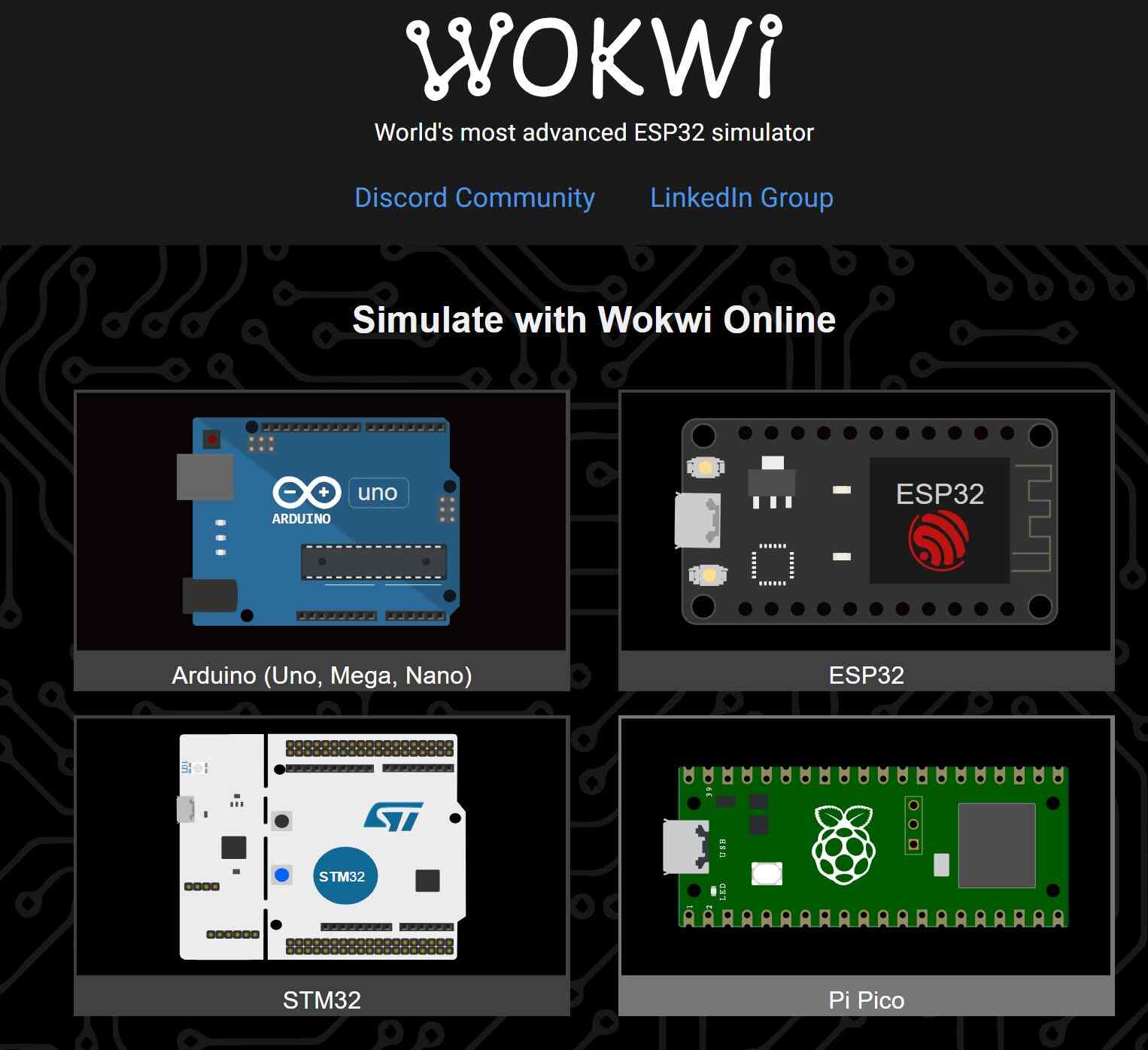 Screenshot of homepage of Wokwi