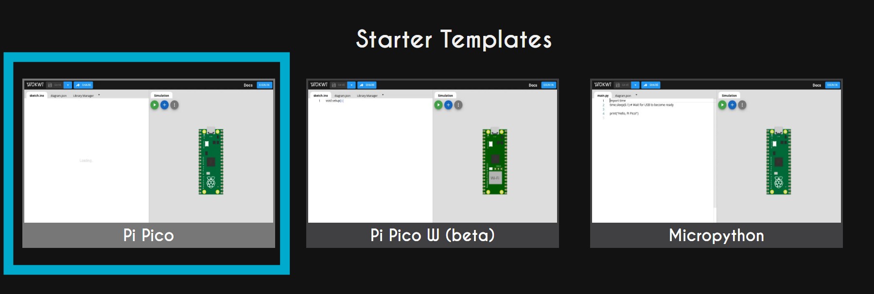 Screenshot of Pi Pico Starter Templates on Wokwi