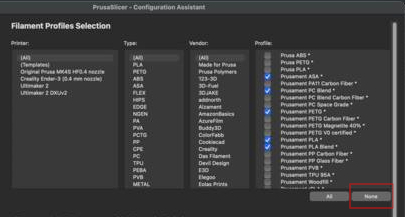 PrusaSlicer set up screen