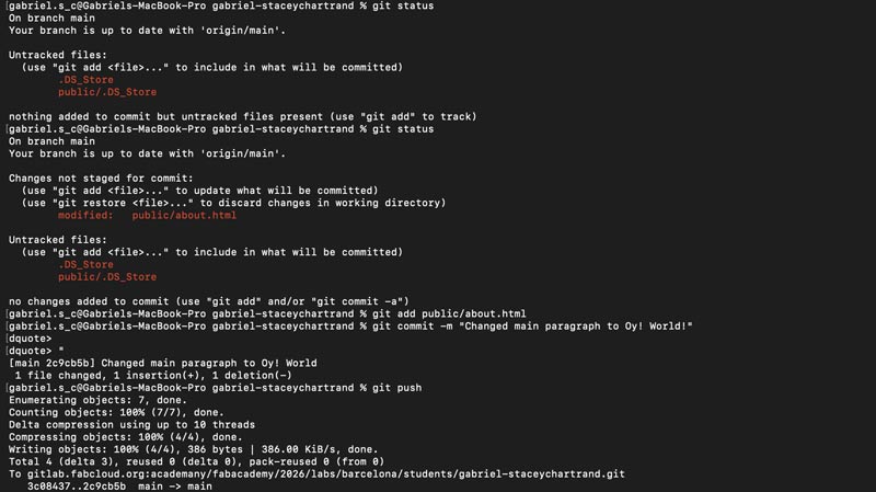 Screenshot of my terminal showing my first git commit and push