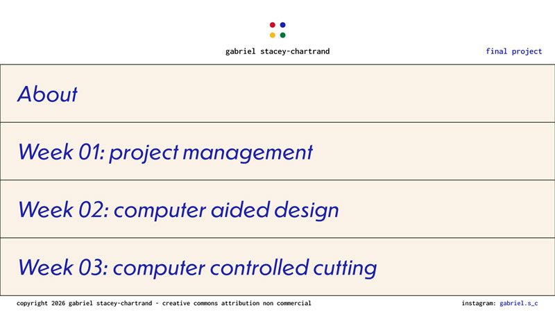 Illustrator mockup of my intended site layout. It is a simple, clean, stacked design. The top header has my logo and name, with one simple nave link to my final project. The navigation of the sections of my site is done by scrolling through cards with About, Week 01, Week 02, etc. The footer simply contains my copyright disclaimer and a link to my Instagram.