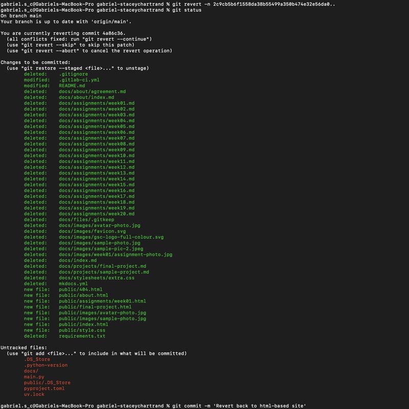 Screenshot of my terminal showing the solution that restored the repo files back to the default HTML and CSS files.