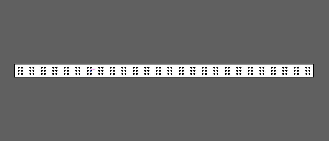 All 26 braille cells laid out in a row in Illustrator, monochrome