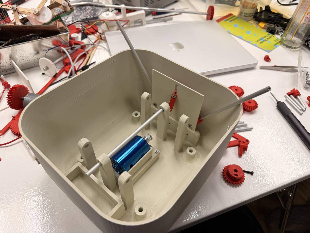 Looking down into the body from above with axle supports and motor installed