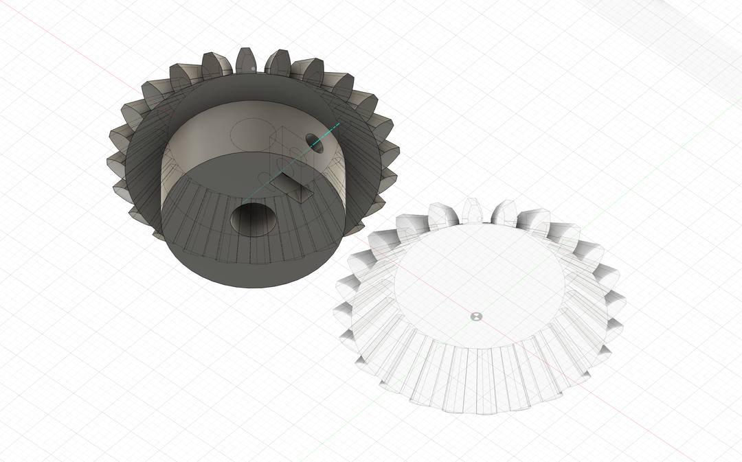 Fusion 360 model of a bevel gear with a heat-set nut insert for tightening