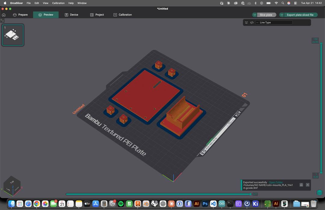 Slicer showing motor mount, antenna parts, and lid mounts on the print bed