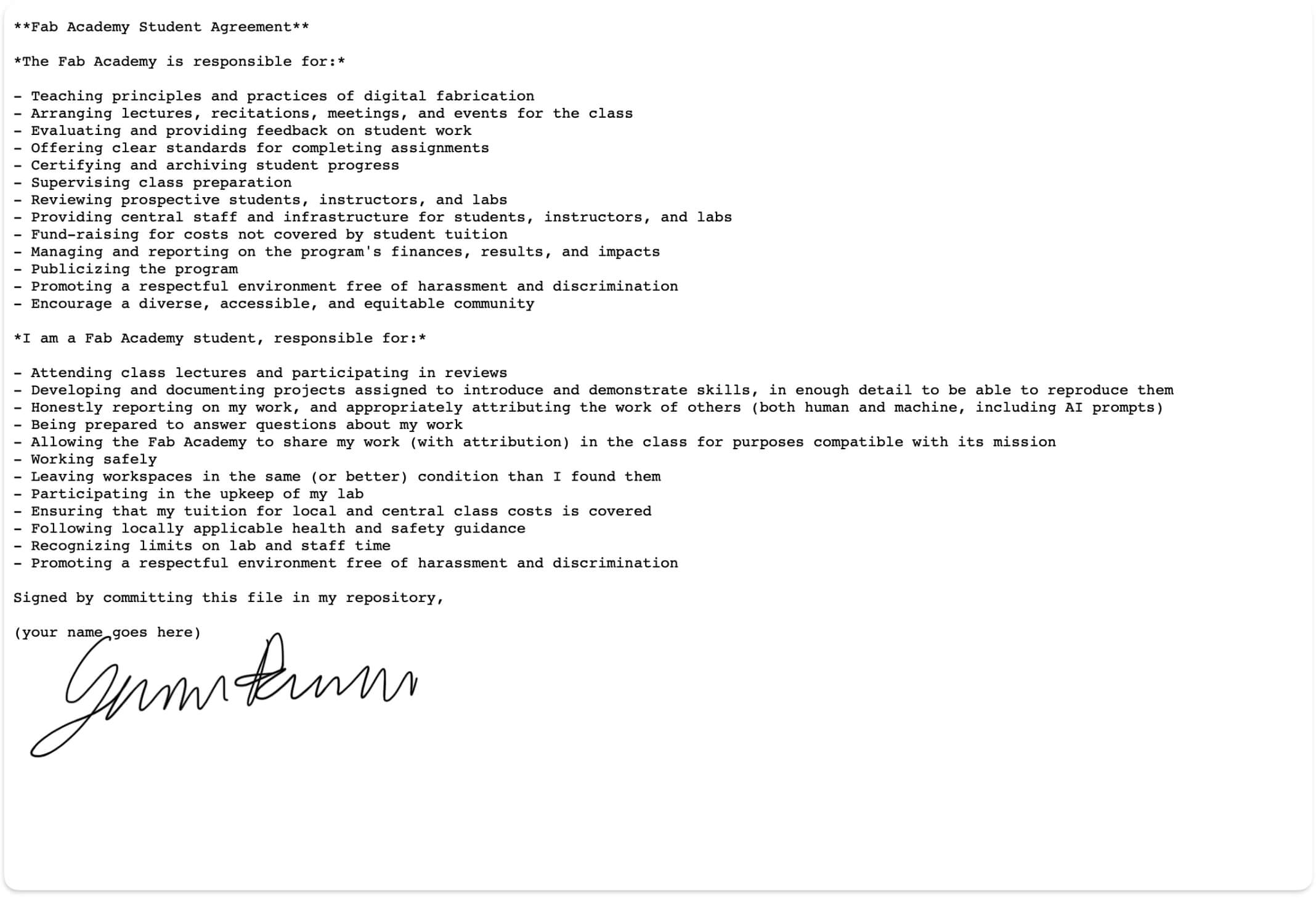 Signed Student Agreement