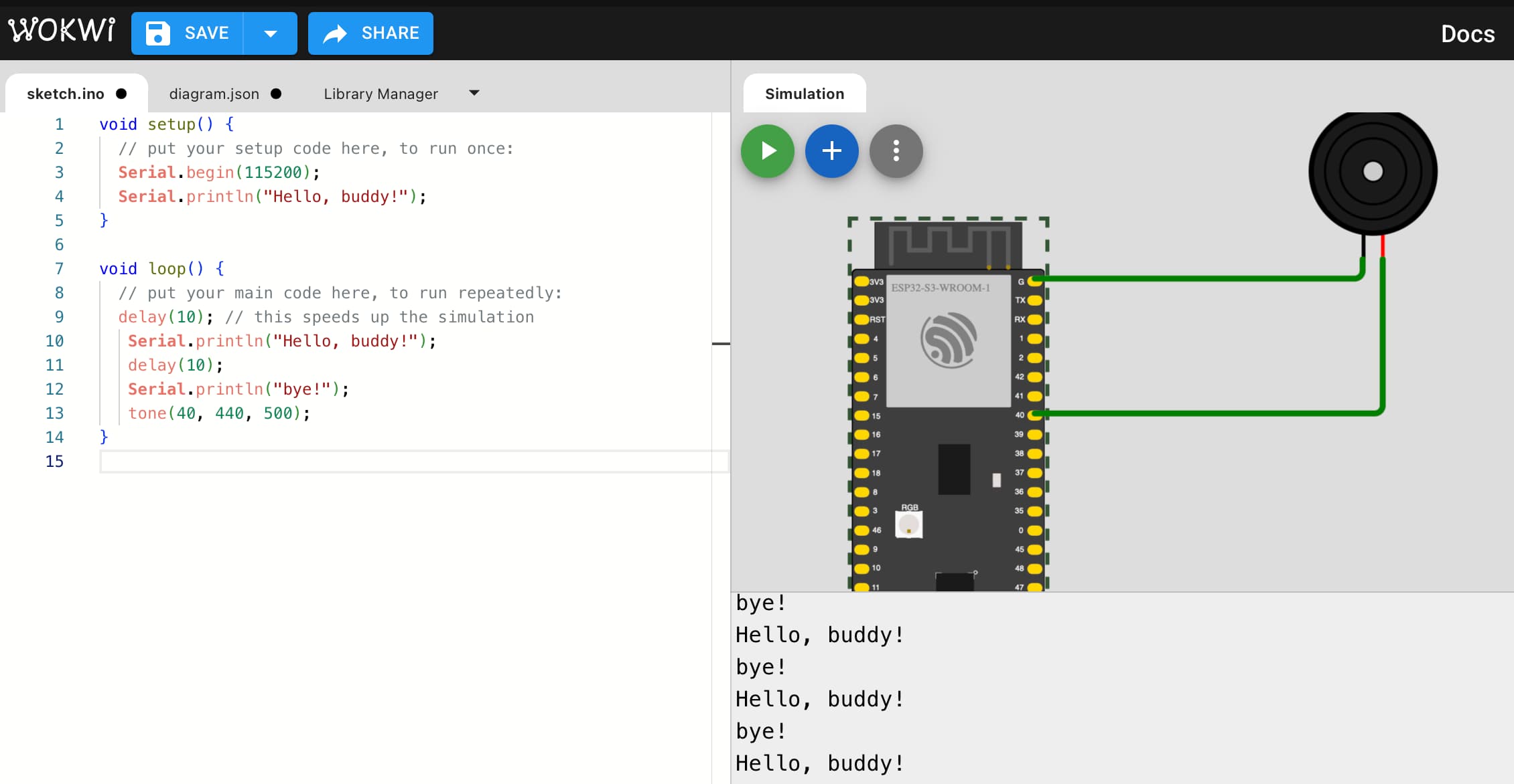 Wokwi simulation with LED + buzzer + serial output