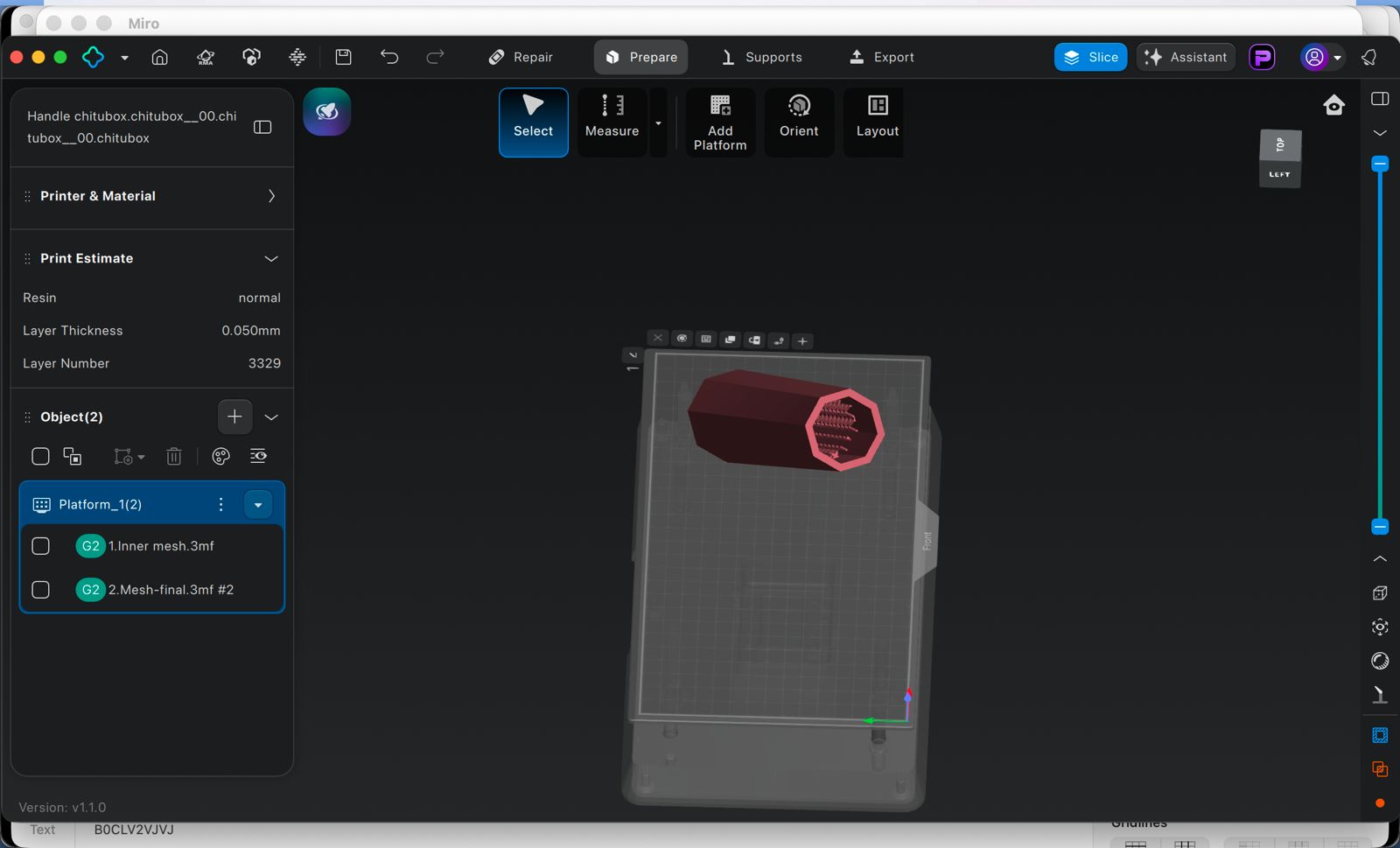 Alternative Chitubox orientation study used to evaluate print preparation and internal alignment.