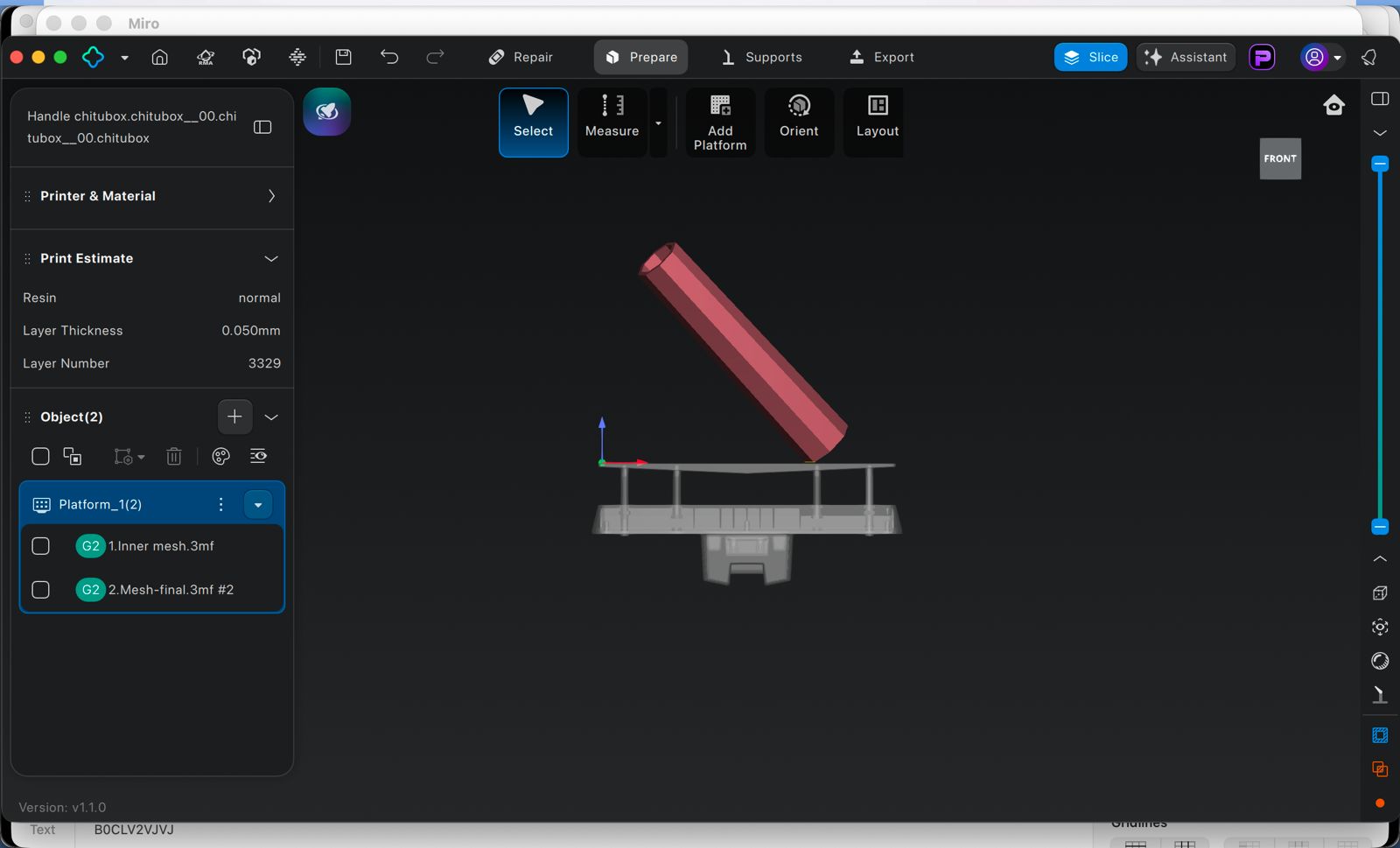 First Chitubox setup for the handle, testing resin print orientation.