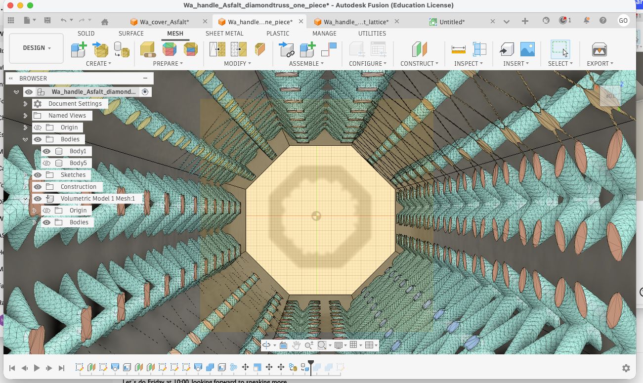 Volumetric lattice mesh generated inside the handle wall.