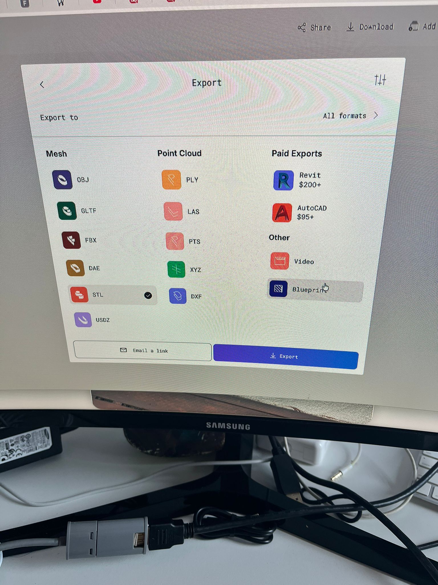 Polycam export interface showing STL export