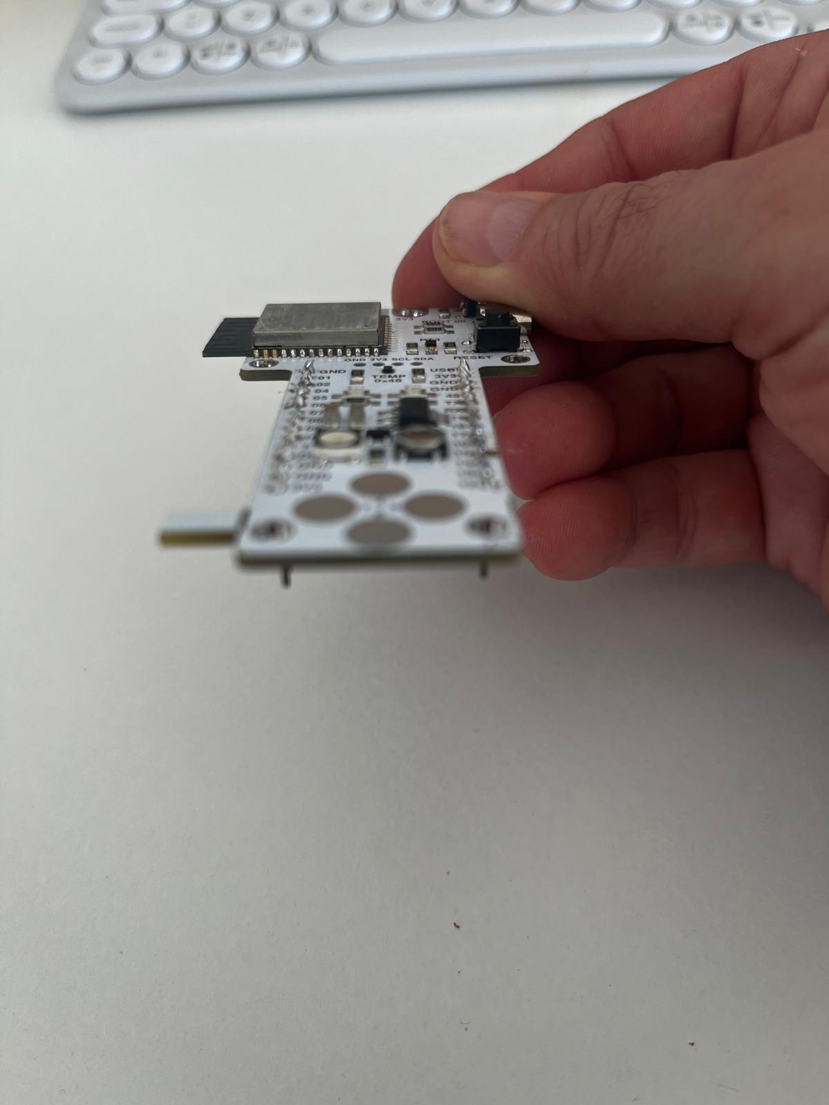 Low-angle view of soldered headers