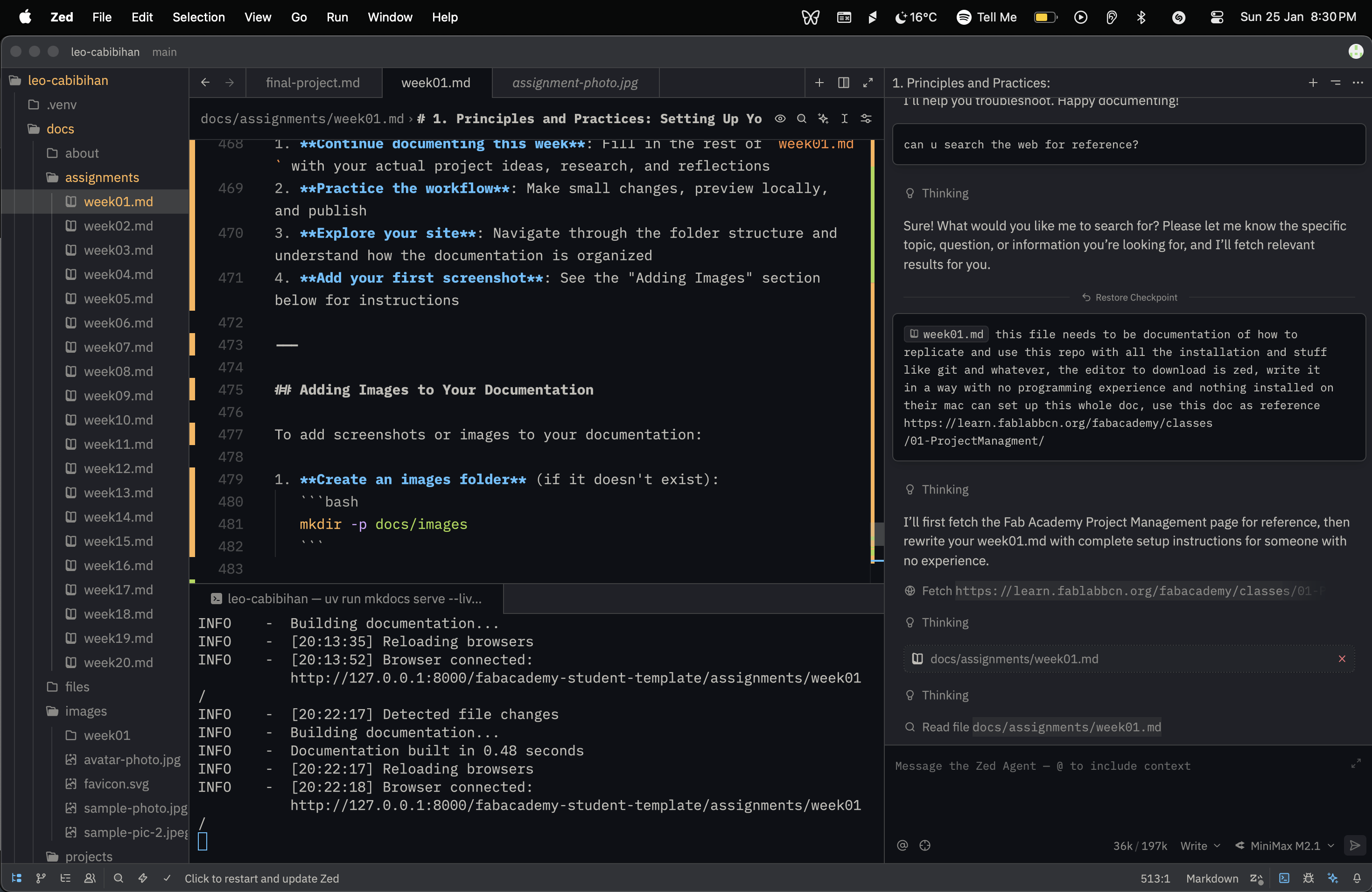 prompt showing the Fab Academy documentation setup workflow