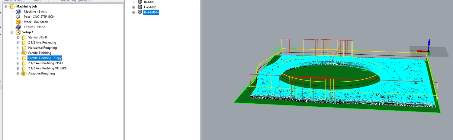 RhinoCAM parallel-finishing toolpath simulation: cyan tool tracks following the botanical relief and oval pocket over the pine stock